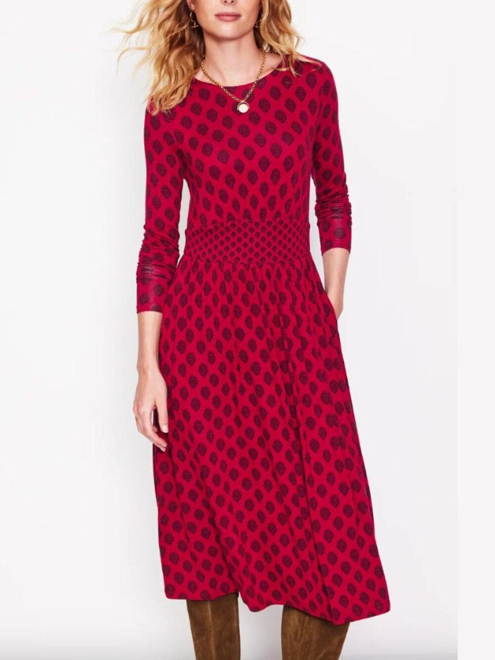 Boden Thea long sleeve jersey dress red block print style midi stretch US4
